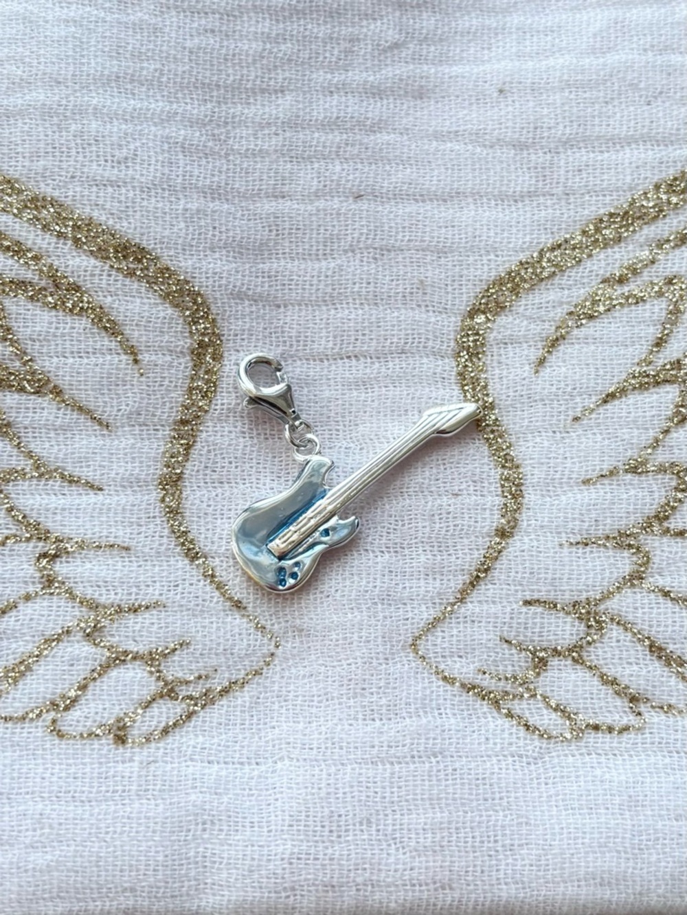 Sterling Silver Blue Enamel Guitar Charm Pendant - Mini Musical Necklace Charm